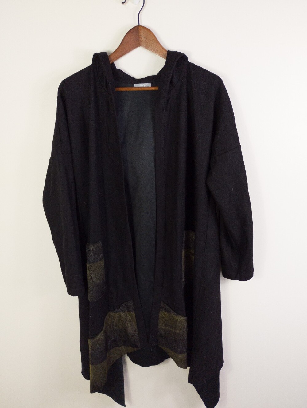 NAYA Black Open Front Hooded Cardigan Faux Fur Striped Trim Longline Jacket Sz 2